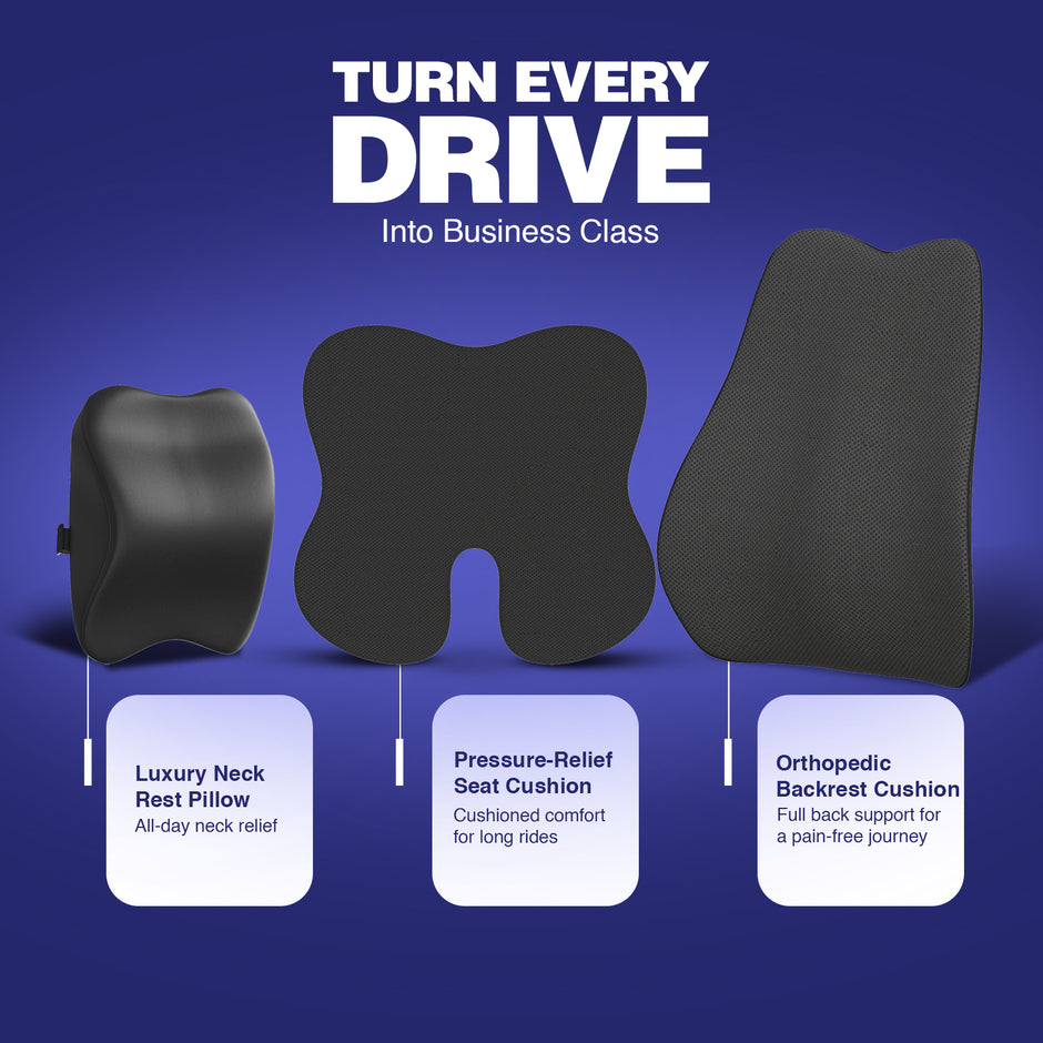 Wellgiver Memory Foam Neck Rest, Back Rest & Seat Cushion Ultimate Combo