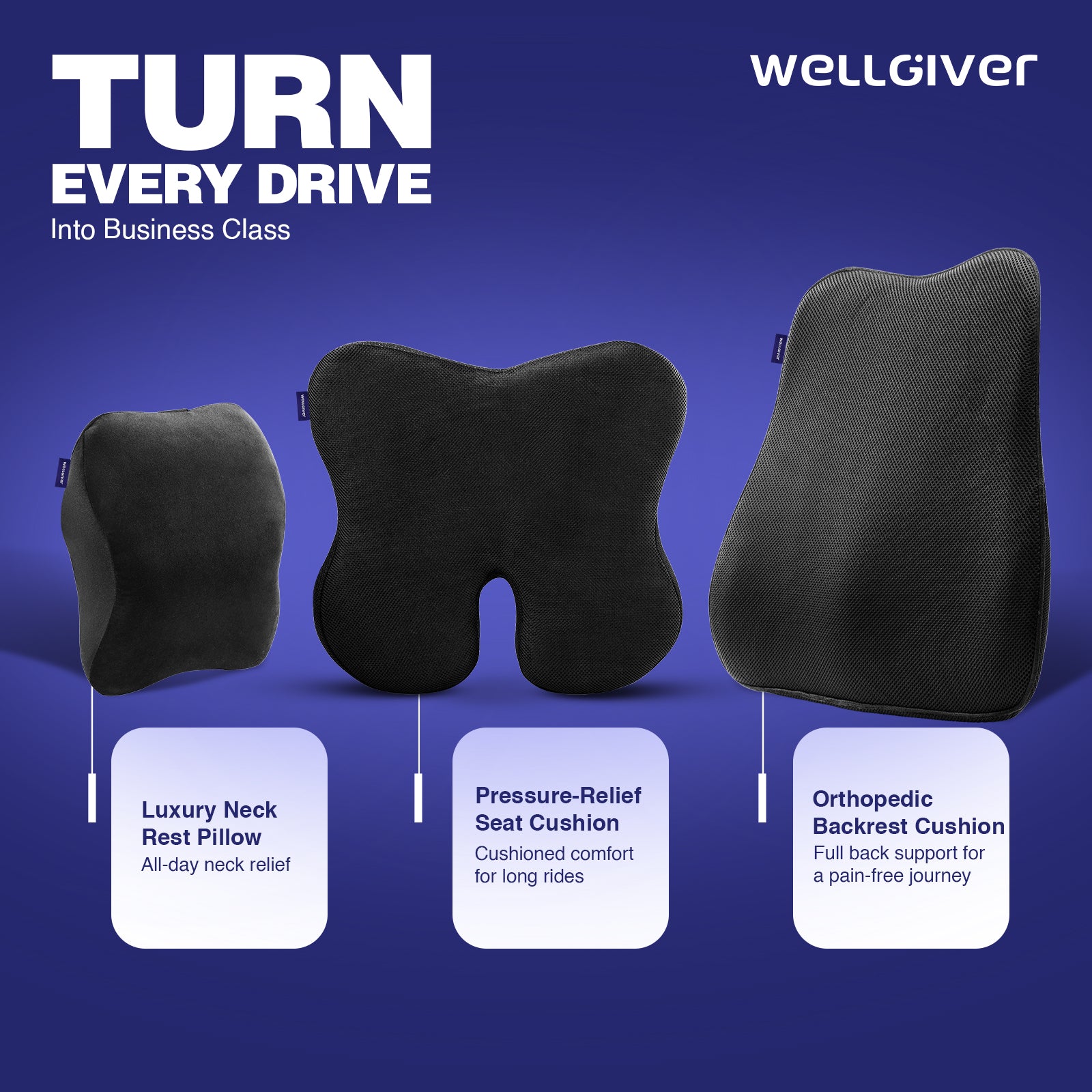 Wellgiver Memory Foam Neck Rest, Back Rest & Seat Cushion Ultimate Combo