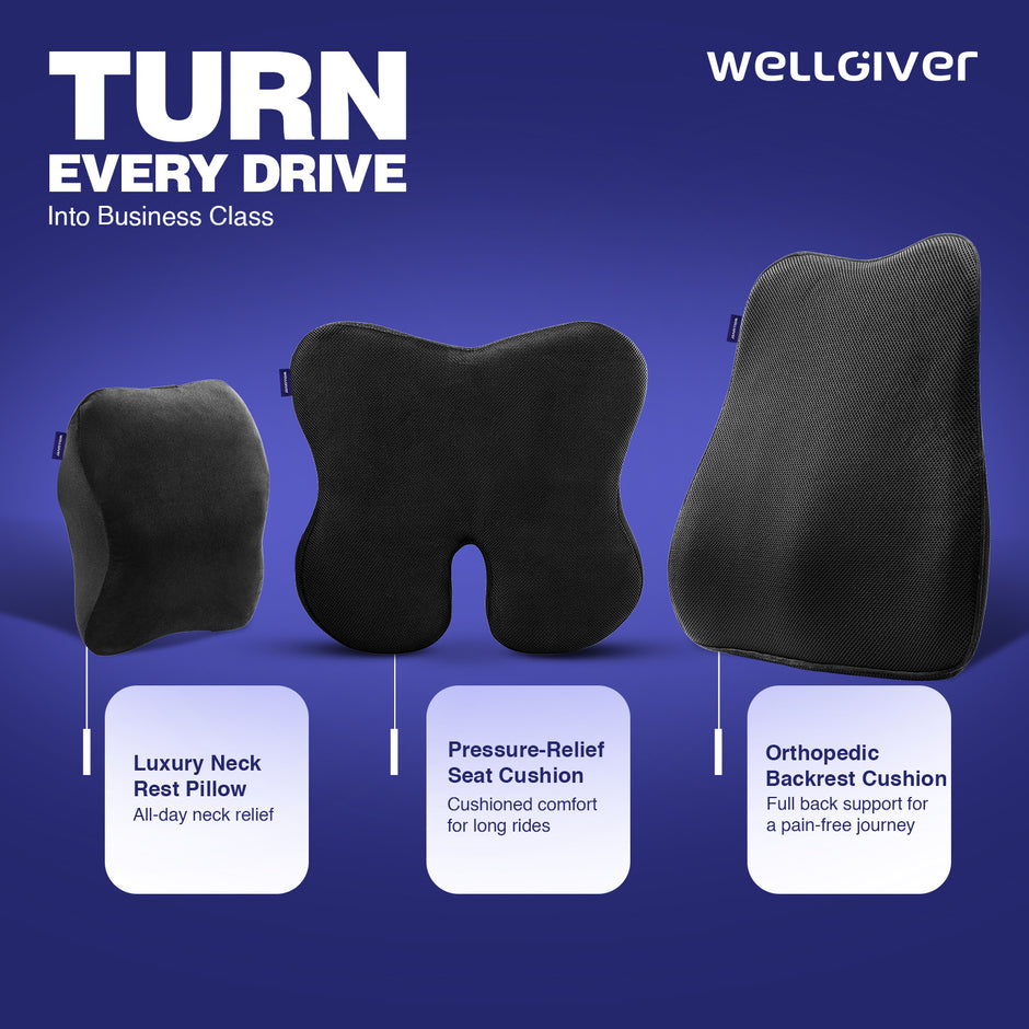 Wellgiver Memory Foam Neck Rest, Back Rest & Seat Cushion Ultimate Combo