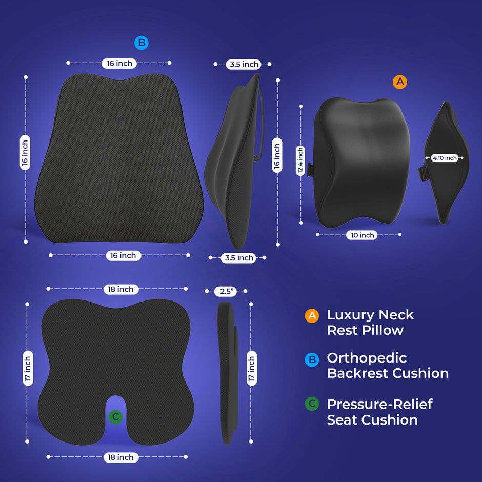 Wellgiver Memory Foam Neck Rest, Back Rest & Seat Cushion Ultimate Combo