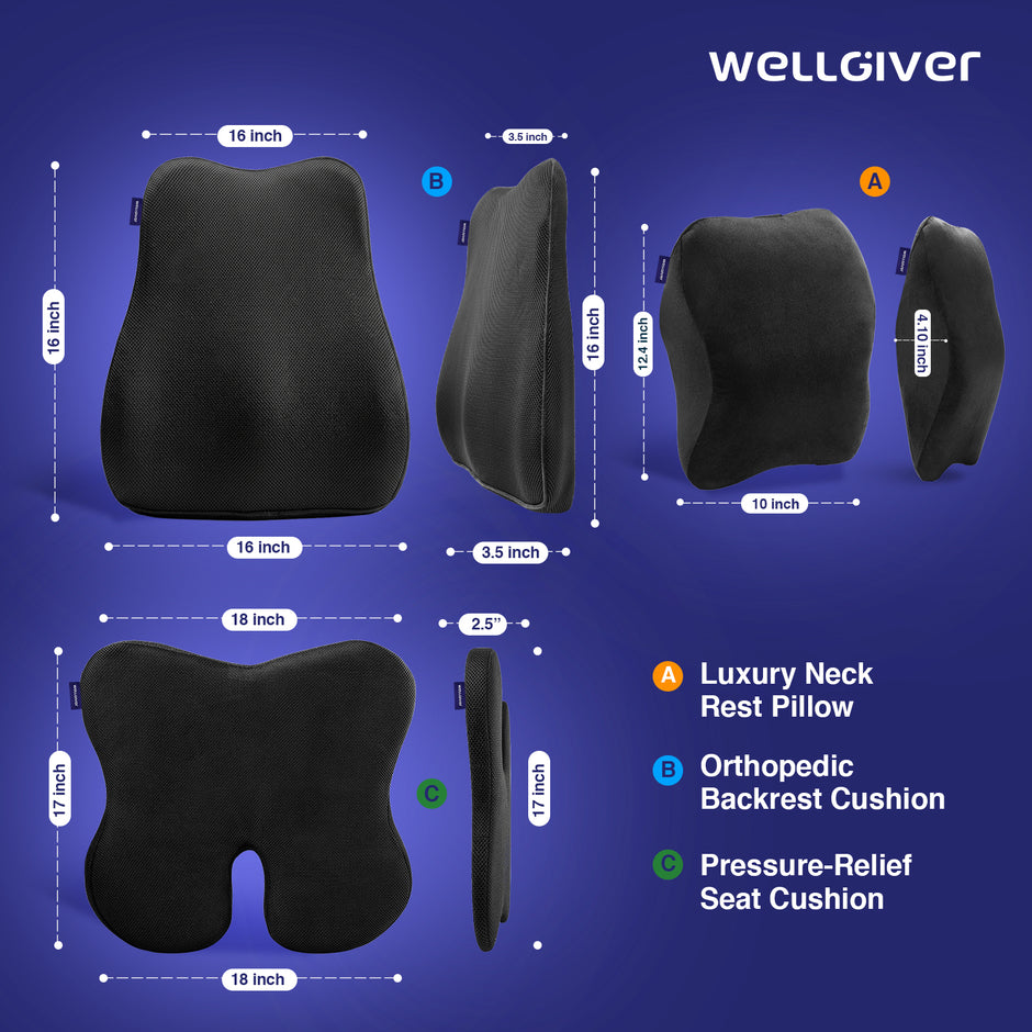 Wellgiver Memory Foam Neck Rest, Back Rest & Seat Cushion Ultimate Combo